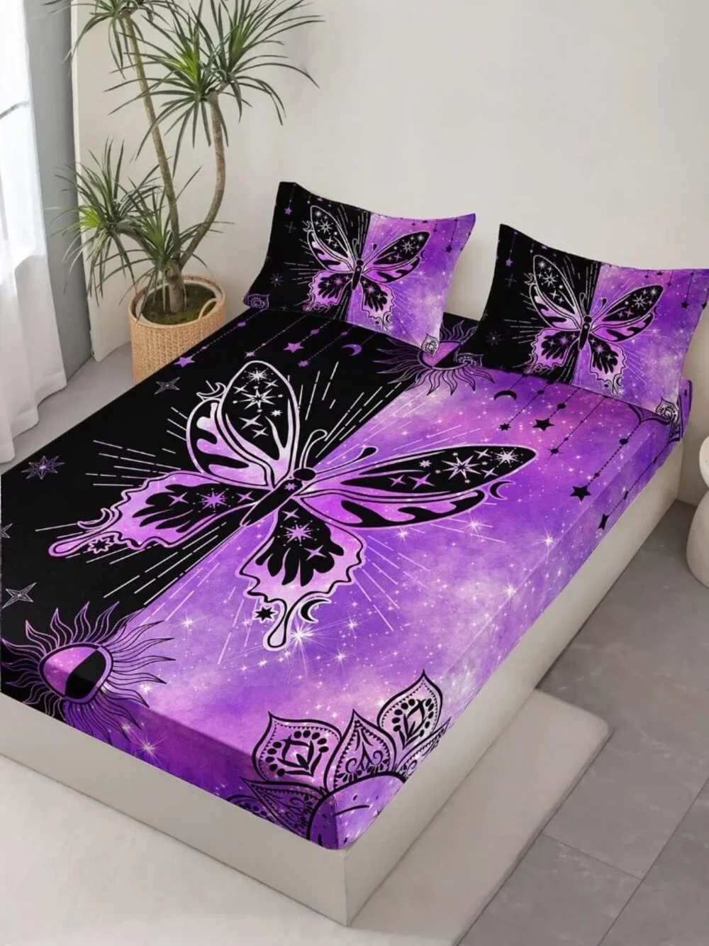 Butterfly Twin Fitted Sheet Set, Microfiber 3 Piece Twin Bedding Sets Starry Sun